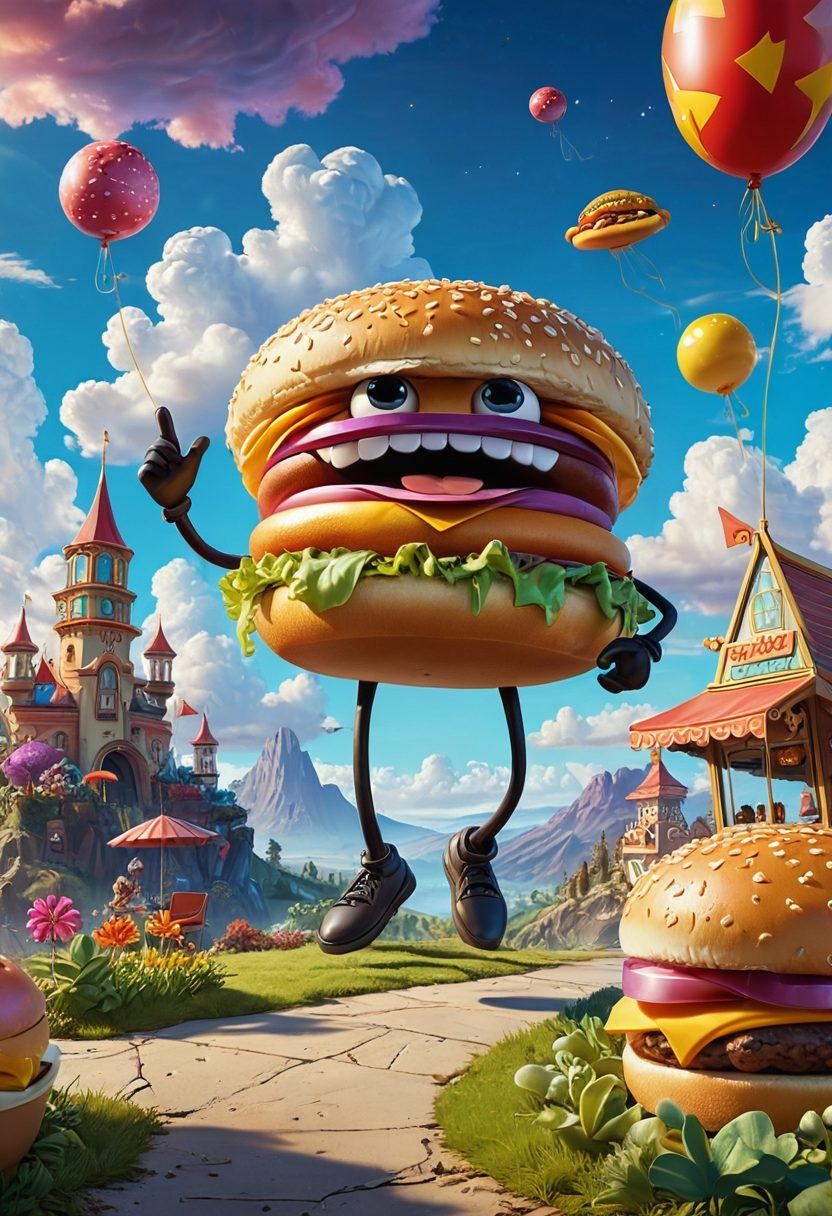 A whimsical illustration of a cartoonish burger character, with exaggerated facial features and vibrant colors, animatedly interacting with a fantasy landscape filled with quirky, food-themed creatures. Background elements include oversized fast food items like fries and soda, merging seamlessly with fantastical elements like floating islands and magical clouds, invoking a playful vibe. The style is vibrant and colorful, with a touch of humor reminiscent of anime aesthetics.