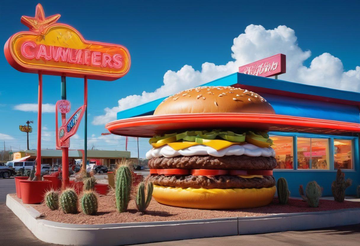 A vibrant and surreal scene depicting a whimsical Texan diner with classic fast food items like burgers and fries, infused with playful hentai art motifs like exaggerated characters. The atmosphere should meld deep south aesthetics with neon colors and unexpected elements, such as a cowboy hat adorned with cartoonish seductive characters, and a giant burger with playful embellishments. The background should feature blue skies and cacti, creating a striking contrast. Illustrative style with a blend of pop-art and surrealism.