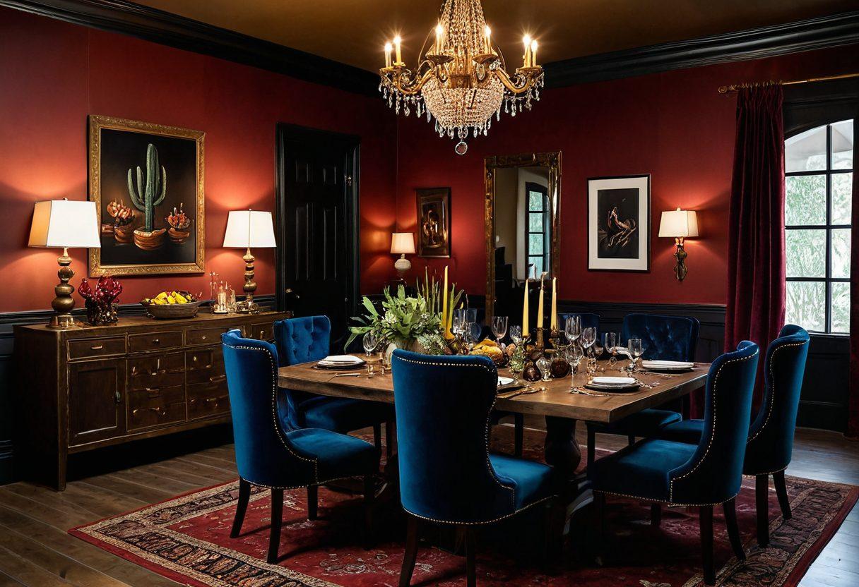 A lavish dining table adorned with gourmet burgers, surrounded by sultry boudoir decor featuring plush velvet accents and dim, romantic lighting. The scene captures a fusion of Texas charm with rustic elements, like cowboy boots and cacti, contrasted against elegant silk fabrics. Intriguing shadow play hints at adult themes while maintaining an inviting atmosphere. super-realistic. rich textures. seductive lighting.